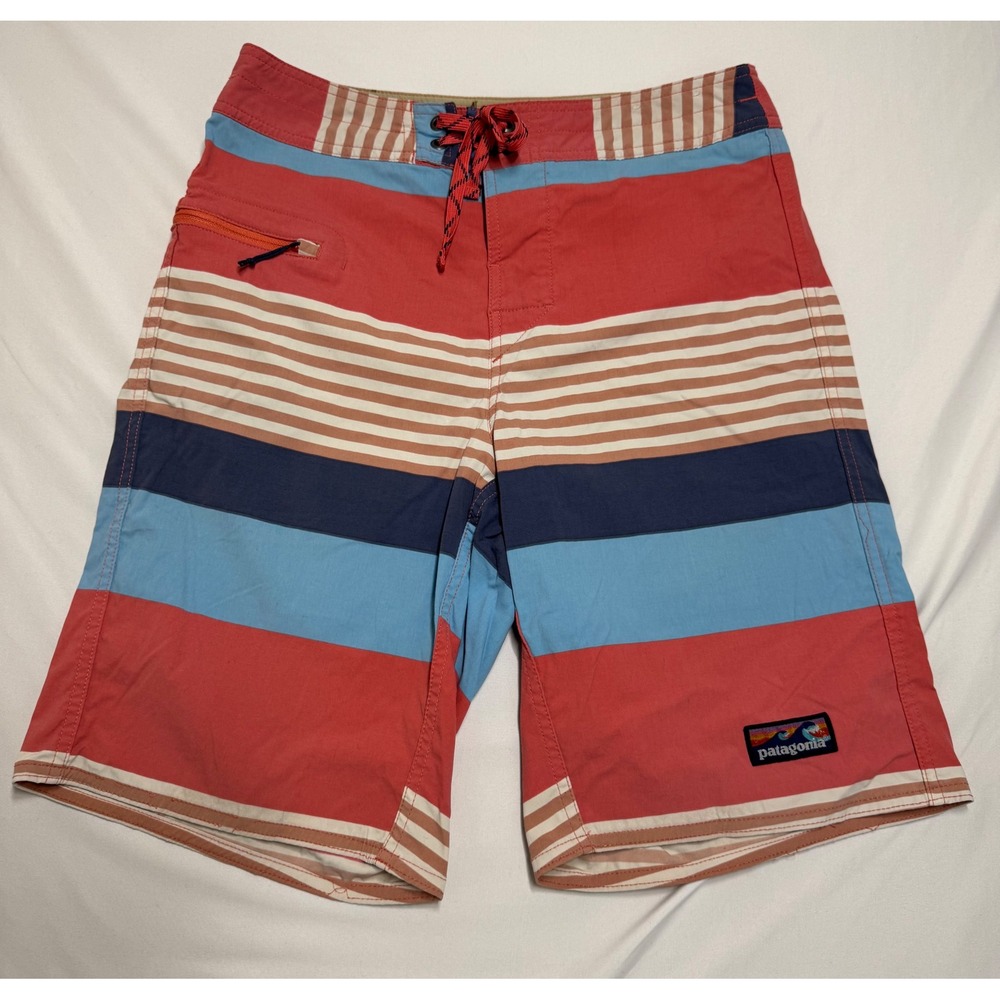 Patagonia Wavefarer Board Shorts Mens Striped Size 30 Red Blue Swim Stretch